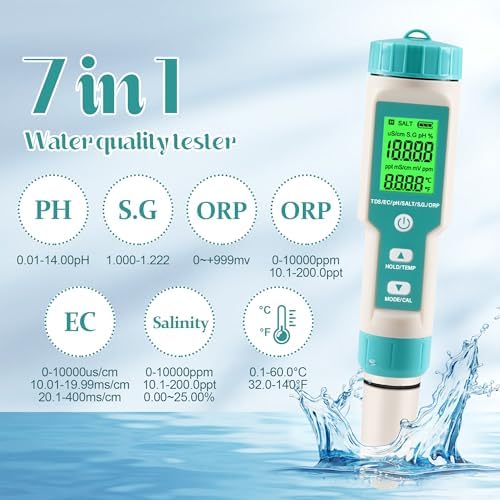 pH Meter for Water 7 in 1 PH/TDS/EC/Salt/S.G/ORP/Temp Meter,pH Tester Digital Backlit Waterproof LCD,TDS Meter EC Meter PPM Meter Suitable for Pools, Drinking Water, Aquariums, Hydroponic Cooking. - Image 2