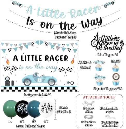 Race Car Baby Shower Decorations A Little Racer is On The Way Backdrop Glitter Vintage Racing Car Banner Cake and Cupcake Toppers Blue Green Checkered Flag Balloons for Boys Baby Shower Party Supplies - Image 4