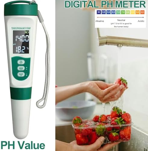 Display PH Meter Watter Tester 5 in 1, Functions: PH,TDS,EC,Salt,Temp, IPX5 Waterproof, High Accuracy With 3 Calibration Powders, for Saltwater Pool, Hot Tubs, SPAs, Aquarium, Hydroponics System - Image 2