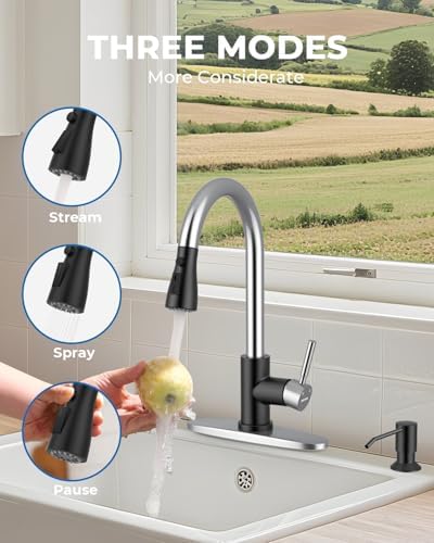 WEWE Kitchen Faucet with Soap Dispenser Set, Pull-Down, Black and Chrome - Image 4