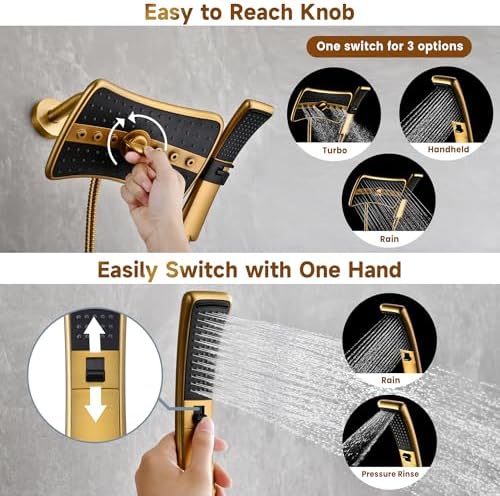 BRIGHT SHOWERS Dual Shower Head with Handheld, High Pressure Rainfall Shower Head Combo, 60-Inch Stainless Steel Hose, Brushed Gold - Image 3