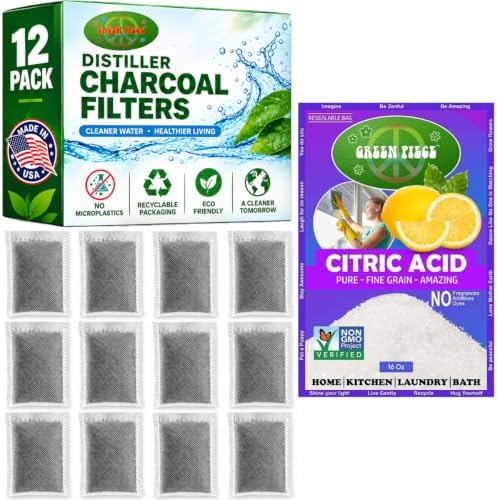 Green Piece® Water Distiller Filters - 12 Pack with Citric Acid - Made USA by GreenPiece