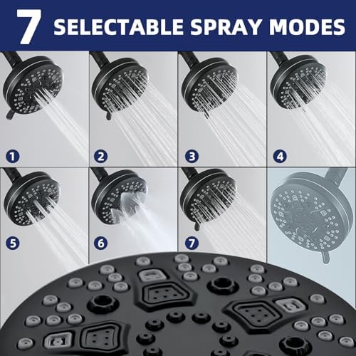 High Pressure Shower Head, 7-Spray Mode Adjustable Showerhead with 4-Inch Round Head, High Flow Handheld Shower for Low Water Pressure, Easy Install & Clean， Round Black - Image 4