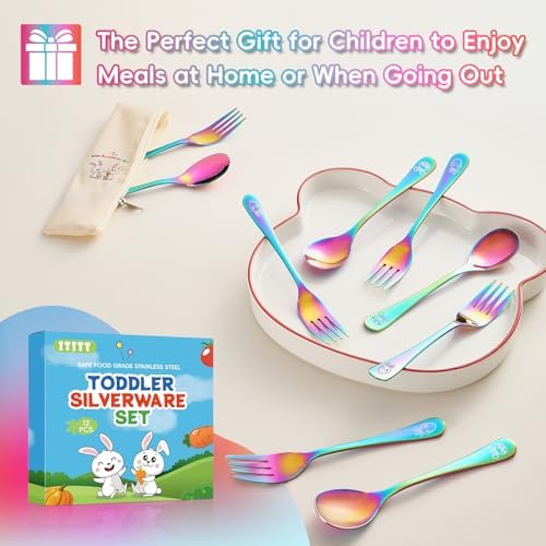 12 Pieces Stainless Steel Rainbow Toddler Utensils Set - Food Grade Kids Silverware Set Children Safe Small Forks and Spoons Mirror Polished Sturdy and Durable Dishwasher Safe - Image 5