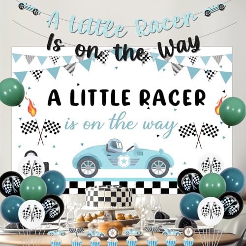Race Car Baby Shower Decorations A Little Racer is On The Way Backdrop Glitter Vintage Racing Car Banner Cake and Cupcake Toppers Blue Green Checkered Flag Balloons for Boys Baby Shower Party Supplies - Image 3