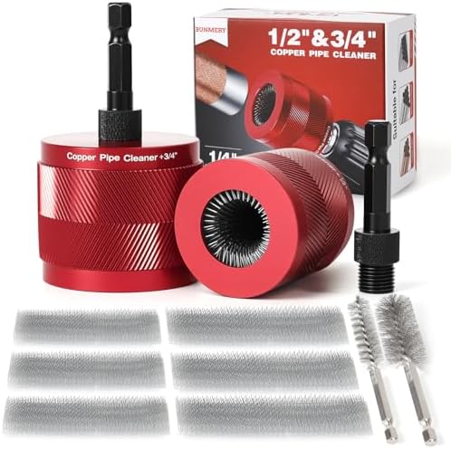 Copper Pipe Cleaner for Drill, Plumbing Tools Set 1/2" & 3/4" with 1/4" Hex Shank & 6 Brush Blades & 2 Pipe Brush, for Removing Rust, Stains & Paint from Copper & Metal Pipes, Red, Metal Cleaning Kit by Unknown