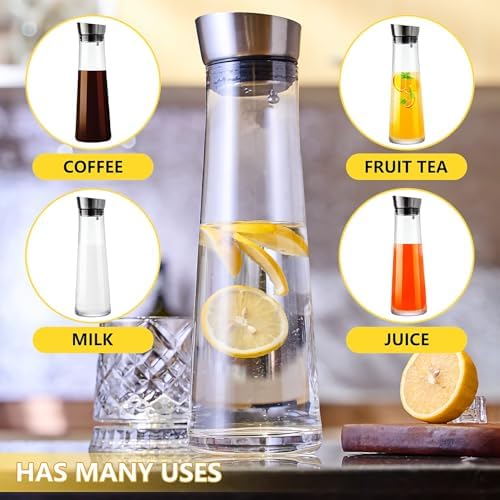 GLASKEY Glass Water Carafe with Lid,1200ml Borosilicate Glass Juice Pitcher with Stainless Steel Gravity Lid,Clear Water Pitcher for Ice Tea, Lemonade, Coffee,Juice Beverage,40 oz - Image 4