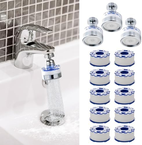 3 Pack Sink Water Filter Faucet and 10 Filter Elements Set, 360 ° Rotating Bathroom Sink Filter, Kitchen Sink Faucet Filter Removes Fluoride Hard Water, Faucet Extender for Home Kitchen Bathroom by BREADEEP