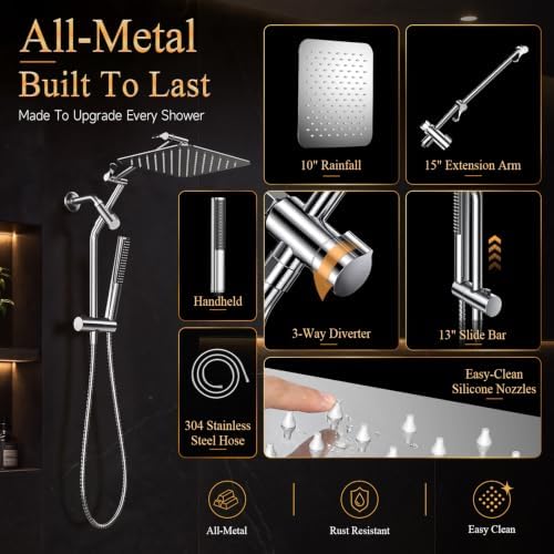 Veken All Metal 10"Luxurious Rain Shower Head with Handheld Spary,Power Jet - Image 5