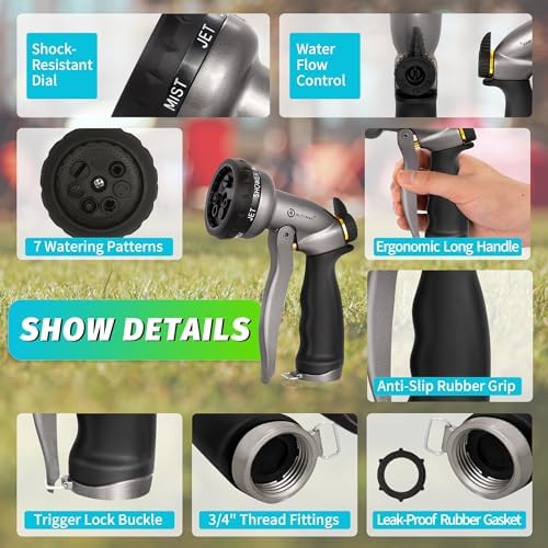 AUTOMAN Garden Hose Nozzle - 7 Patterns Sprayer, 100% Metal High Pressure Spray Nozzle, Labor-Saving Design, Heavy Duty Water Hose Nozzle for Garden Watering, Car Washing, Window Cleaning,Pets Bathing - Image 2