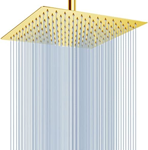 Voolan Rain Shower Head - High Flow Large Rainfall Shower Heads Made of Stainless Steel - Waterfall Bathroom Square Showerhead - Ceiling or Wall Mount (12" Gold) by Voolan