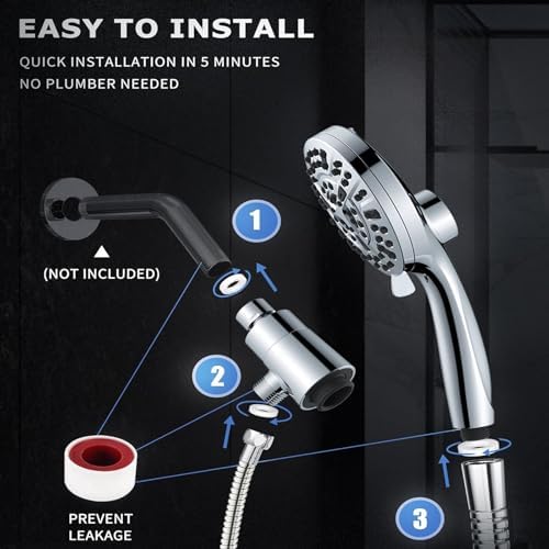 High Pressure Shower Head with Magnetic Back Fixed Base Design,Handheld Showerhead with Hose Set Stainless Steel 59 inches/5 ft 10-Setting 5 inches Large Face,Chrome Finish (Silver) - Image 2