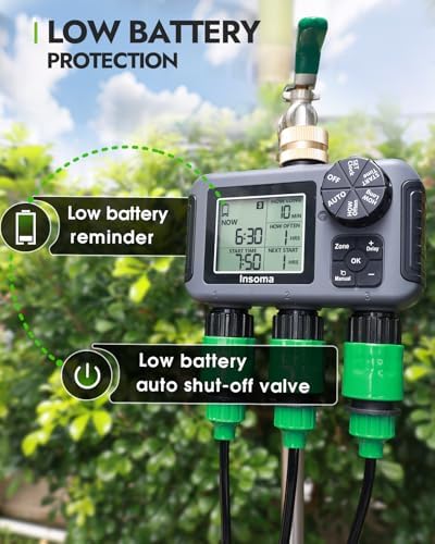 Insoma 3-Zone Sprinkler Timer with Brass Inlet + IPX5 Waterproof | Programmable Auto/Manual Irrigation Mode with Rain Delay & Large LCD | Water Hose Timer 3 Outlets for Garden, Lawn, Yard, Pool - Image 7