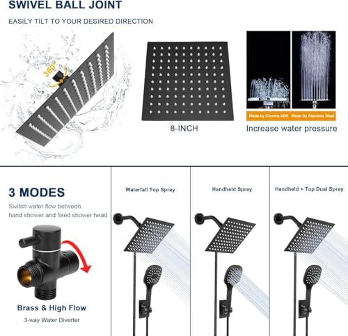 NearMoon Shower Head with Hose, High Pressure Stainless Steel Rain Shower and 3 Settings Handheld Spray Combo with Push Button Flow Control (8 Inch, Matte Black) - Image 4