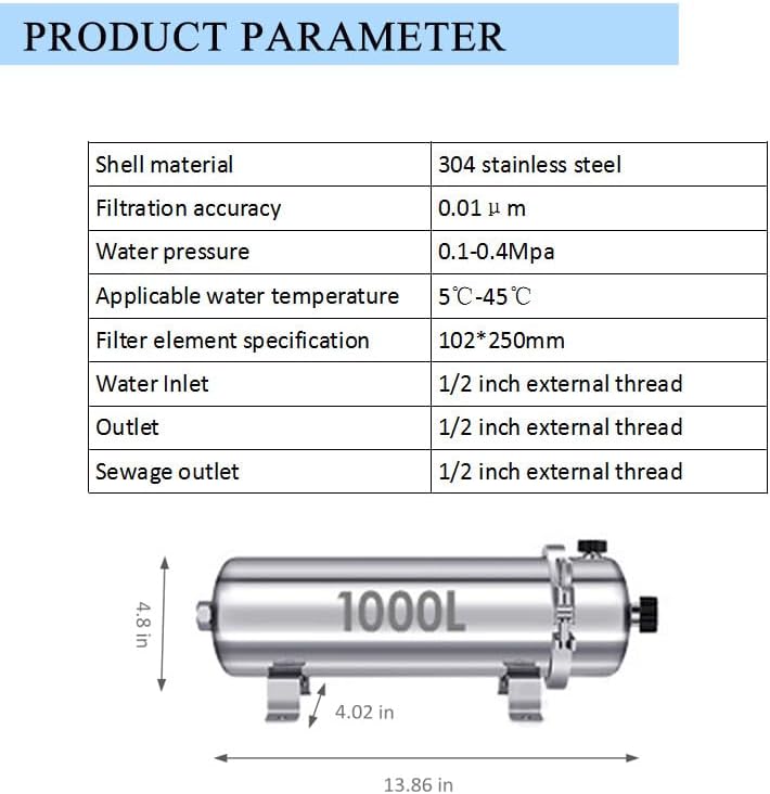 264 GPH Stainless Steel Ultra-Filtration Membrane Filter 0.01 μm PVDF Ultra-Filtration Membrane Washable Water Purifier External Pressure Water Purifier - Image 2