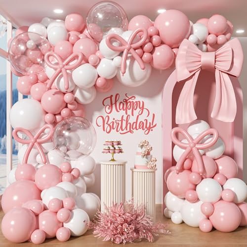 Pink Bow Balloon Garland Arch Kit - Coquette Birthday Decorations Coquette Bow Pink and White Balloon Arch Kit Different Size for Wedding Bridal Girls Birthday Baby Shower Engagement Party Decorations by Unknown