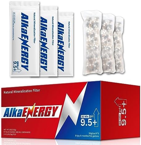 AlkaEnergy Alkaline Water Filter Pouches, 3 Pack 50g Each – Raises Water pH Up to 9.5, Adds Minerals, Portable Alkaline Water Packets for Bottles, Pitchers &Jugs by Tylola