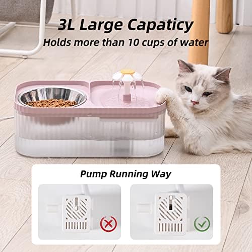 Cat Water Fountain and Food Bowl, 3L/101oz Ultra Quiet Pet Water Dispenser with Smart Pump and 3 Replacement Filters, Automatic Flower Fountain & Stainless Steel Bowl for Dog & Cat (Pink) - Image 2