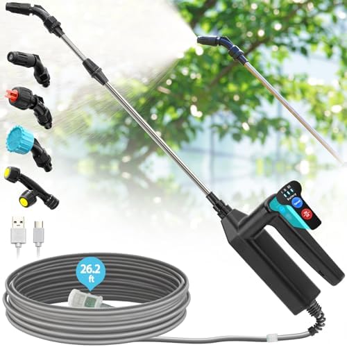 Battery Powered Sprayer Wand, 32 Inch Garden Sprayer Telescopic Wand with 3 Adjustable Speeds, Battery Indicator, 26.2 FT Hose, 7.4V Rechargeable Water Sprayer Wand with 4 Adjustable Nozzles & Filter by VAXMAY