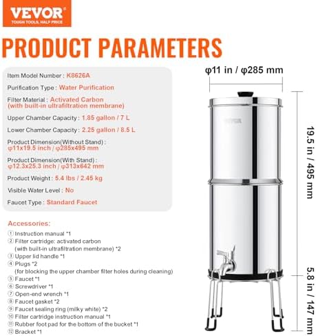 VEVOR Gravity-fed Water Filter System, 2.25G 304 Stainless-Steel Countertop Water Filtration System, Reduces Lead and up to 99% of Chlorine, with 2 Carbon Filters/Spigot/Stand, for Home Camping RV - Image 7