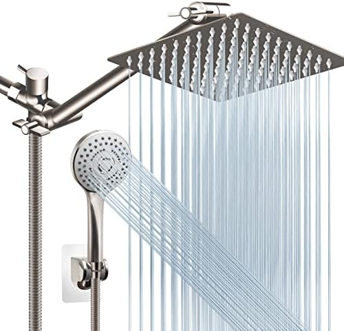 Shower Head Combo(Brushed Nickel),8 Inch High Pressure Rain Shower Head with 11 Inch Adjustable Extension Arm and 5 Settings Handheld Shower Head Combo,Powerful Shower Spray Against Low Pressure Water by PINWIN