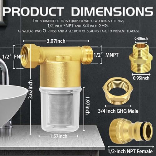 40 Micron Reusable Brass Inline Sediment Filter - Universal Fit for Washing Machine, Shower, Garden Hose & Well Water - Anti-Clogging Design with Pipe Sealant Tape - Image 2