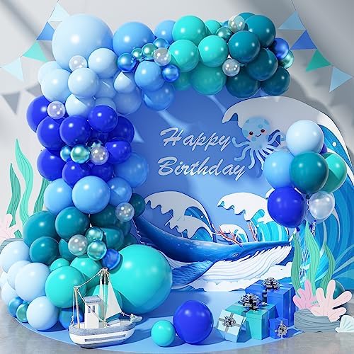 Blue Balloon Garland Arch Kit, 112 Pcs Pastel Baby Light Blue Royal Blue Slate Teal Blue Turquoise Metallic Green Under the Sea Balloon Arch Kit for Boys Ocean Birthday Baby Shower Party Decorations by Togvu
