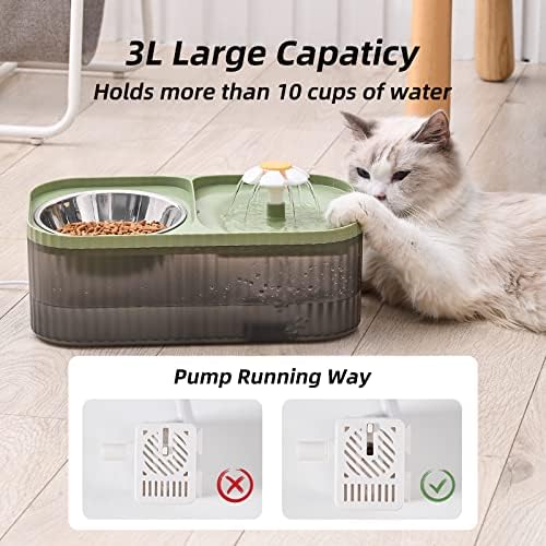 Cat Water Fountain and Food Bowl, 3L/101oz Ultra Quiet Pet Water Dispenser with Smart Pump and 3 Replacement Filters, Automatic Flower Fountain & Stainless Steel Bowl (Black & Green) - Image 2