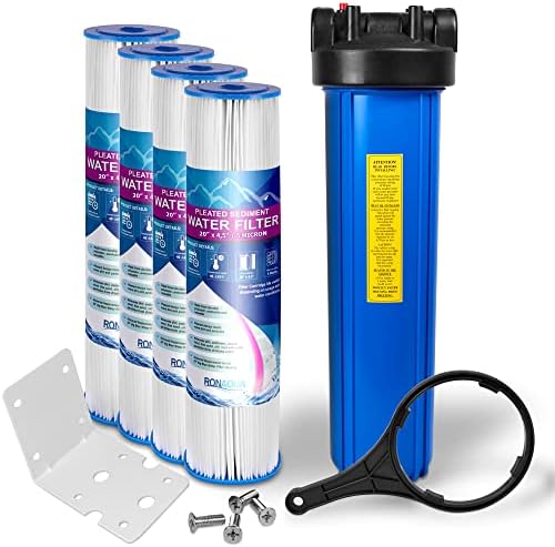 High Capacity 20 x 4.5-Inches Blue Whole House Water Filter Purifier System with Presser Relief Button, 1” Inlet/Outlet Brass Port & Yearly Supply (4) Pleated Washable Sediment Cartridges 5 Micron by Ronaqua