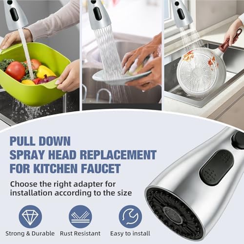 Kitchen Faucet Head Replacement, 3-Function Pull Down Spray Head with 9 Adapters, Sink Faucet Spray Head Compatible with Moen, Delta, American Standard Faucet, etc, Chrome - Image 6