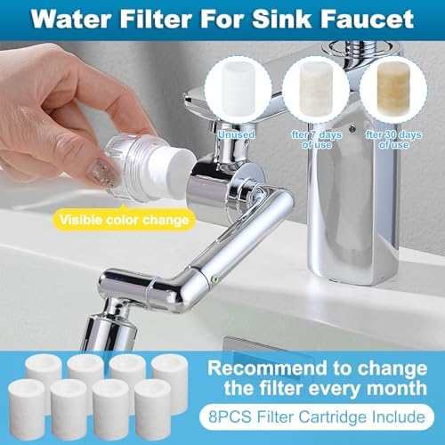 1440º Sink Water Filter Faucet Extender Telescopic, Splash-proof Sink Faucet Extender with Filter, Reduce 99% Chlorine, 2 Modes Spray Attachment for Kitchen/Bathroom/Toddlers, 8Pcs Replacement Filter - Image 4