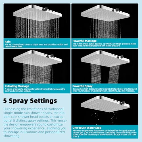 Hibbent Rain Shower Head, 13'' High Pressure Rainfall Square 5 Spray Mode Showerhead with 16" Shower Head Extension Arm, Solid Brass Adjustable Shower Arm Extender, Waterfall fixed Showerheads, Silver - Image 2