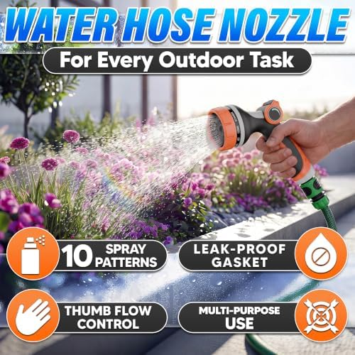 Garden Hose Nozzle, 10 Spray Patterns, Thumb Flow Control, Orange - Image 5