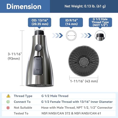 Kitchen Faucet Head Replacement with 3 Modes, Pull Down Spray Head for Kitchen Faucet, Kitchen Sink Sprayer Replacement Compatible with Moen, American Standard, Kohler Faucets - Image 2