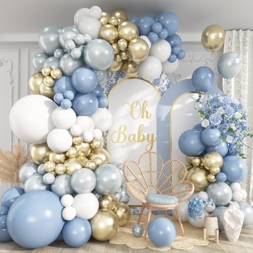 Dusty Blue Balloon Garland Arch Kit, 114pcs Pastel Blue Pearl White Metallic Light Gold Latex Balloons Set for Boy Girl Boho Ocean Baby Shower Boy Birthday Wedding Bridal Shower Party Decorations by Paeyeq