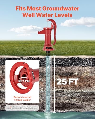 VEVOR Well Hand Pitcher Pump, 25 ft Maximum Lift, Antique Cast Iron Manual Hand Water Pump, NPT 1-1/4 in Connection, Easy Installation, Old Fashioned for Outdoor Garden, Pond, Backyard, Farm, Red - Image 2
