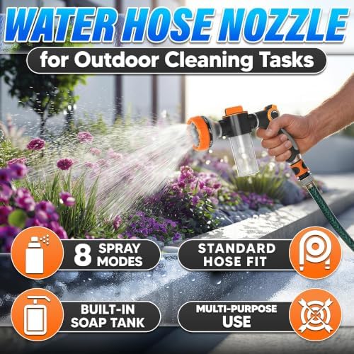 Garden Hose Nozzle with Soap Dispenser, 8 Patterns (Black, Orange) - Image 4