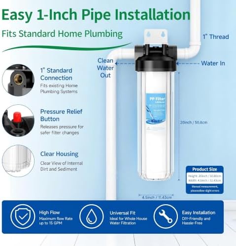 Whole House Water Filter Housing with 1 PP Filter, 20"x4.5", 1" NPT - Image 6
