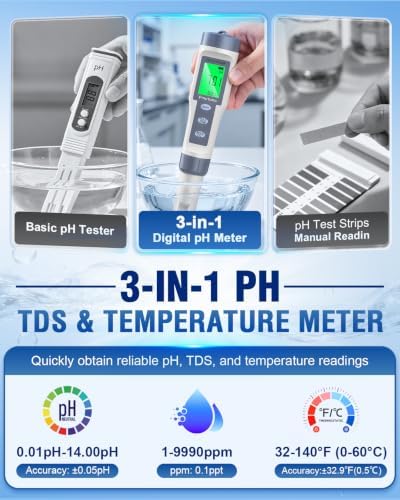 PH Meter, 3-in-1 Ph, TDS & Temperature Tester Digital Water Meter with 3 Buffer Solution, ± 0.1 pH Accurate PH Meter Tester for Drinking Water, Aquariums, Hydroponics, Pool and More - Image 2