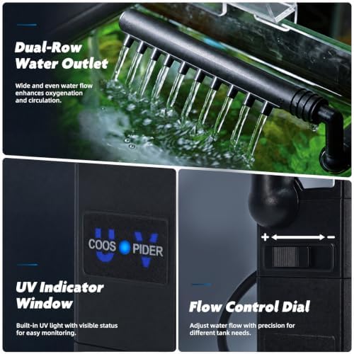 TARARIUM Small Aquarium Filter U-V for 10-30 Gallon Tank,118GPH Fish Tank Filters for Betta Fish Tank Green Clean Machine, Internal Pump Filter for Turtle Tank Saltwater Freshwater Crystal Clear - Image 4