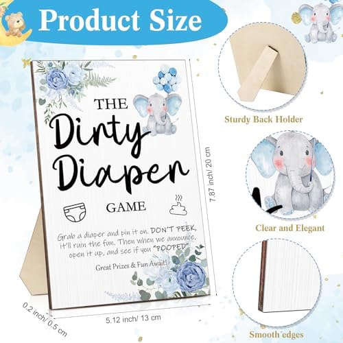 Roowest 51 Pcs Dirty Diaper Baby Shower Games, Blue Elephant - Image 2