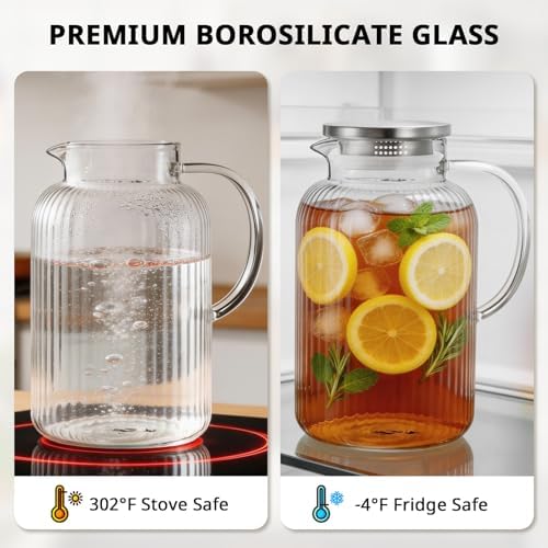 Bivvclaz 1 Gallon Glass Pitcher with Lid and Handle, Stripes Water Pitcher for Fridge, Borosilicate Glass Carafe for Hot/Cold Drink, Extra Large Jug for Iced Tea, Coffee, Juice, Homemade Beverage - Image 6