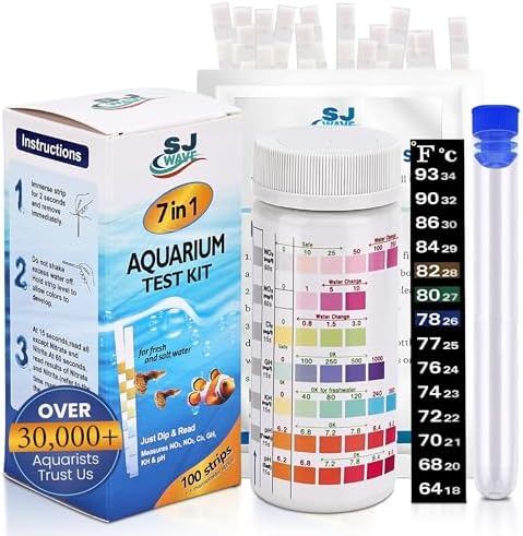 7 in 1 - Aquarium Test Strips | 100 Fast & Accurate Strips | Fish Tank Aquariums Water Test Kit & ebook | Aquarium Thermometer | Fish Tank Water Testing Kit for Fresh & Saltwater | Versatile Usage by SJWAVE