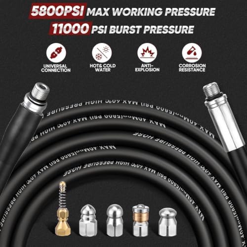 100 ft Slim Sewer Jetter Kit, 5800 PSI, 5 Nozzles, 2 Adapters - Image 3
