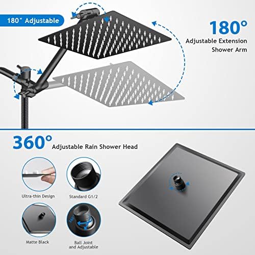 12” Black High/Low Pressure Water Rain Shower Head with 11” Extension Arm - Image 4