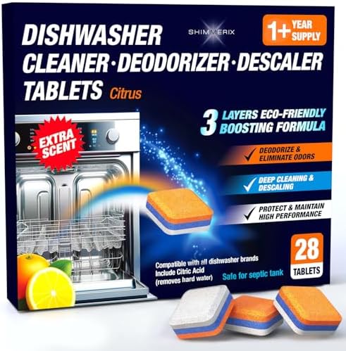 Dishwasher Cleaner Deodorizer Descaler Tablets - 28 Tabs - 1 Plus Year Supply - Extra Scented Deep Cleaning Sanitizer Pods - Remove Hard Water - Contain Citric Acid Heavy Duty Septic Safe - Citrus by SHIMMERIX