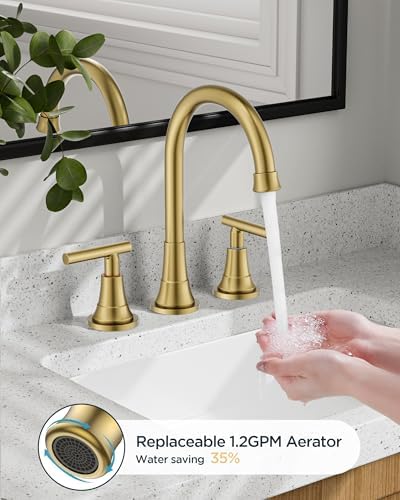 FORIOUS Gold Bathroom facuet 3 Hole, 8 Inch Wide Gold Vanity Faucet 3 Holes - Image 2