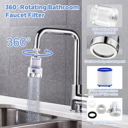 3 Pack Sink Water Filter Faucet, 360 ° Rotating Faucet Filter for Bathroom & Kitchen Sink, 3 Modes Bathroom Faucet Filter Removes Chlorine Fluoride Heavy Metals Hard Water for Home Kitchen & Bathroom - Image 2