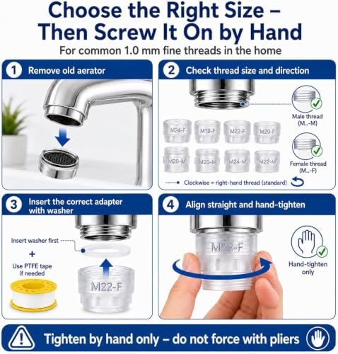 Faucet Adapter Kit, 8 Thread Sizes M18-M28, Includes U.S. Sizes 15/16"-27 and 55/64"-27, for Removable Faucet Aerators and Standard M22 Male Faucet-Mounted Accessories, BPA-Free ABS - Image 4
