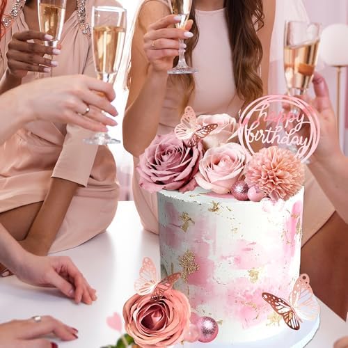Flower Cake Toppers, Happy Birthday Rose Gold Cake Decorations with Artificial Flowers Butterfly Balls for Wedding Baby Shower Birthday Party Supplies - Image 5